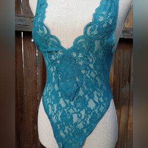 2/$12 NWOT Medium Vintage Lacey Lingerie One Piece, Turquoise, Short Torso